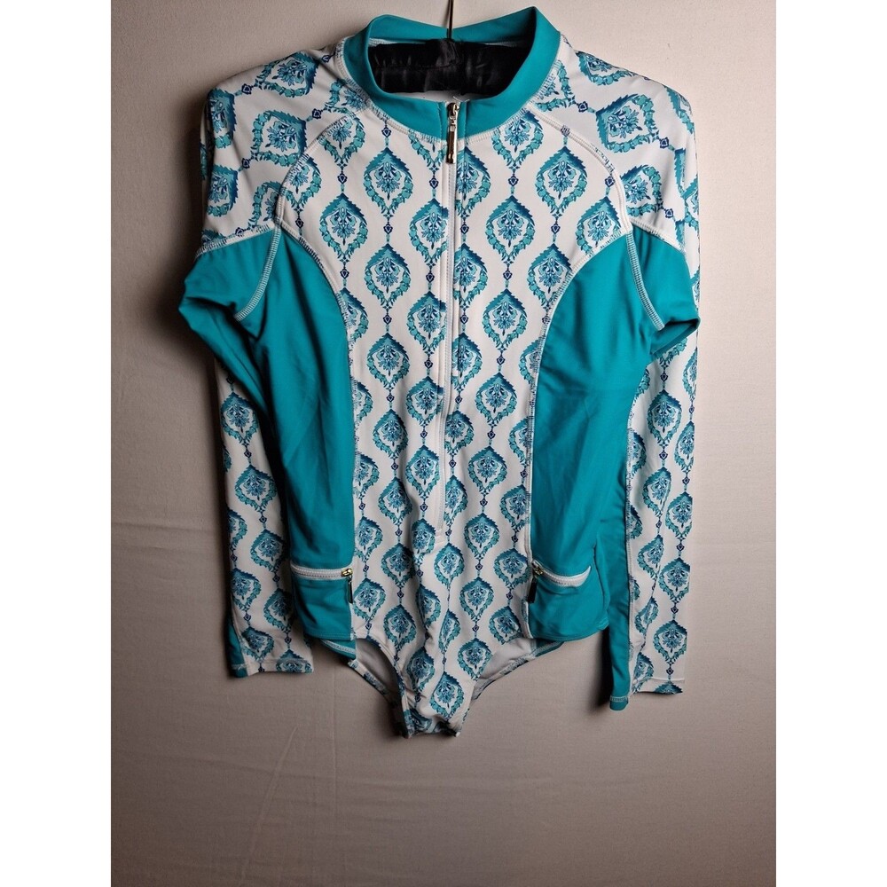 CABANA LIFE Women's Rash Guard Swim Jacket Size L Teal Paisley Full Zip Upf 50+